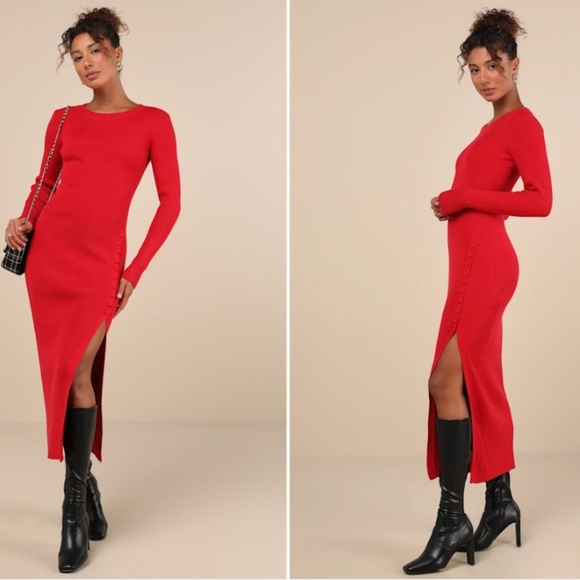 LULU's Chic Sexy Casual Ribbed Stretch Holiday Sweater Long Sleeve Midi Dress - Picture 4 of 4
